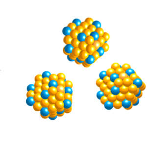 Nanoparticles can be assembled with a variety of structures to exploit the catalytic power of individual platinum atoms on the nanoparticle surface (yellow = gold, blue = platinum).