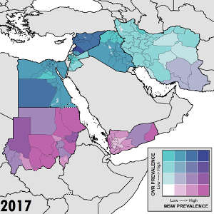 Estimates of the double burden of malnutrition in the Middle East in 2017: Prevalence of moderate-to-severe overweight (OVR) and wasting (MSW) among children under five.