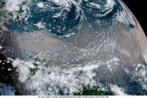 Satellite image of the June 2020 dust storm spreading from West Africa across the Atlantic.