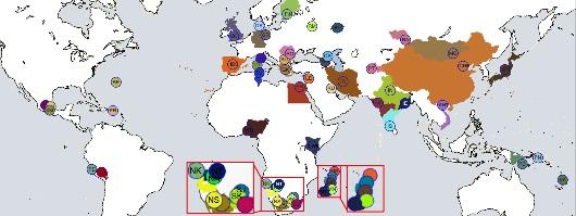 Small coloured circles with a matching colour to geographical regions represent the 54 reference points used for GPS predictions.