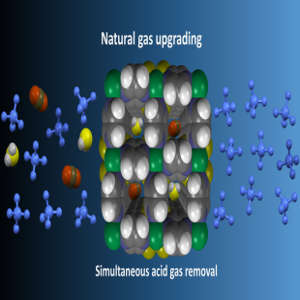 The porous membrane developed by Eddaoudi and co-workers removes hydrogen sulfide (yellow/white) and carbon dioxide (black/red) from natural gas.